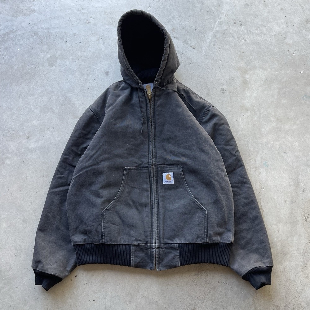 VTG Distressed Carhartt Canvas Quilt Hooded Work Jacket USA Men's Large J04 BLK